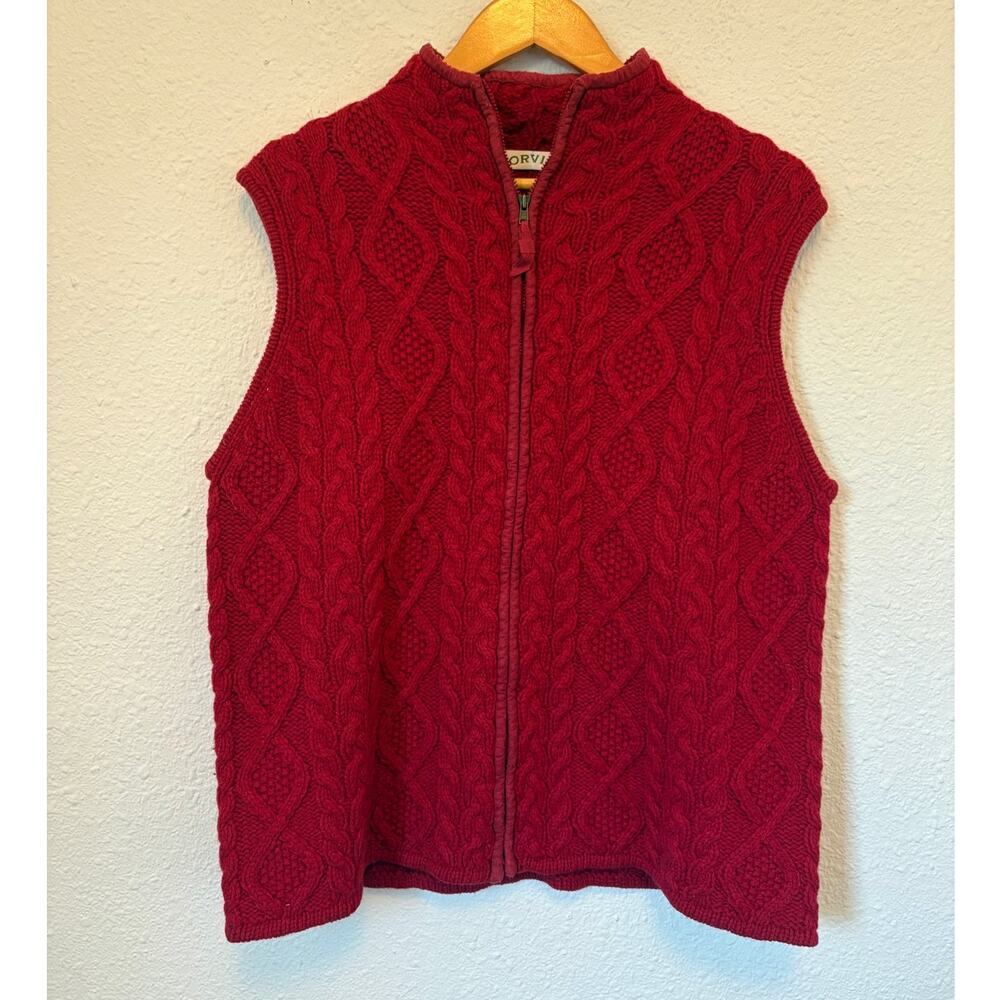 Vintage Orvis 100% Wool Red Cable Knit Vest Grandpa Large Preppy Minimalist